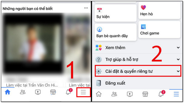 Truy cập facebook, tìm đến mục Cài đặt và quyền riêng tư