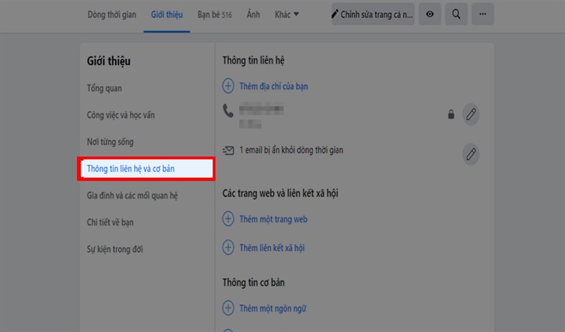 Click chọn Thông tin cơ bản và liên hệ
